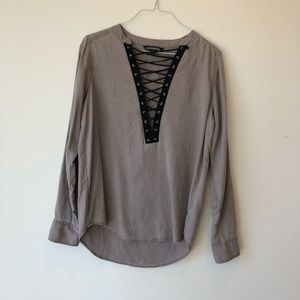 Grey/tan long sleeve lace up shirt